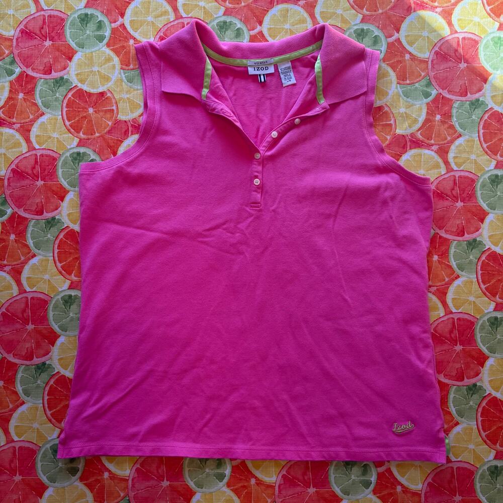 IZOD Hot Pink Sleeveless Polo Lime Green Trim Preppy Golf Tennis Tank Top L